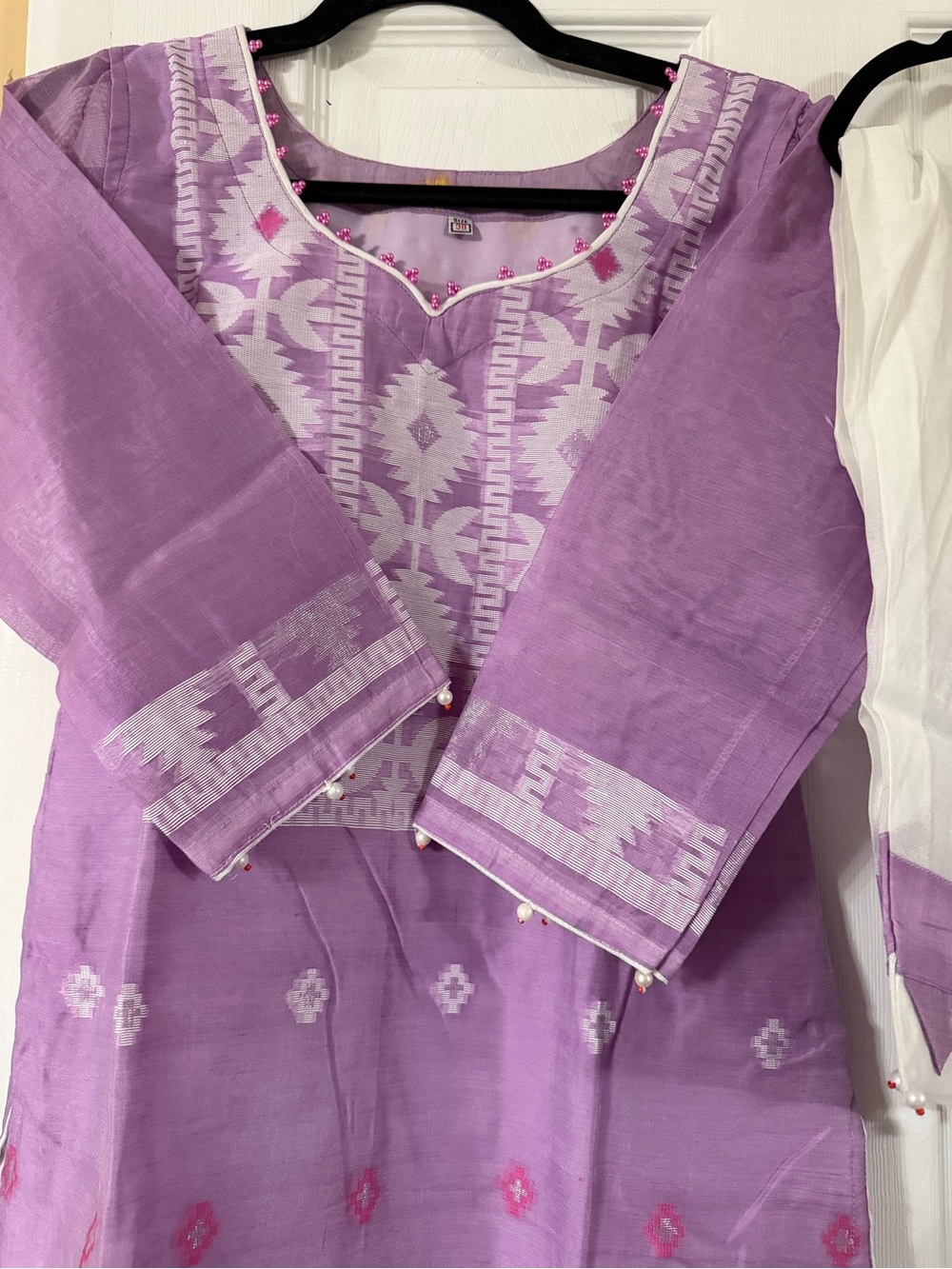 Girls Purple Embroidered Pajama Set with White Scarf - Picture 5 of 7
